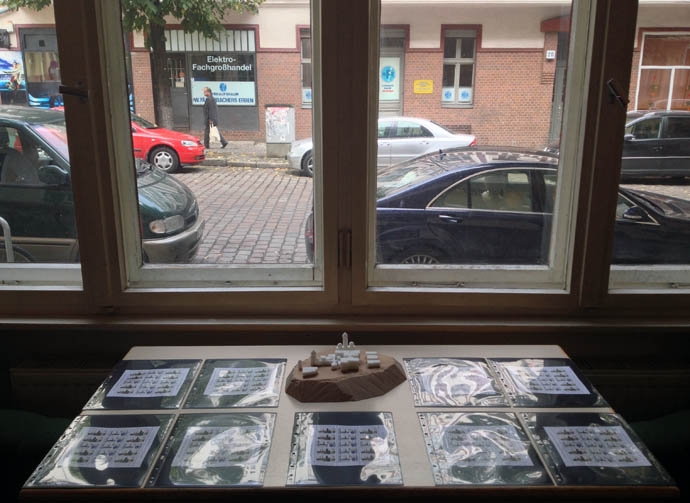 Jamison's sugar-cube sculpture of Teufelsberg and T.H.E. Hill's Commemorative Field Station Berlin stamps